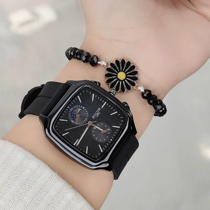 ساعت مچی دخترونه با دستبند بابونه مشکی مناسب هدیه و کادو